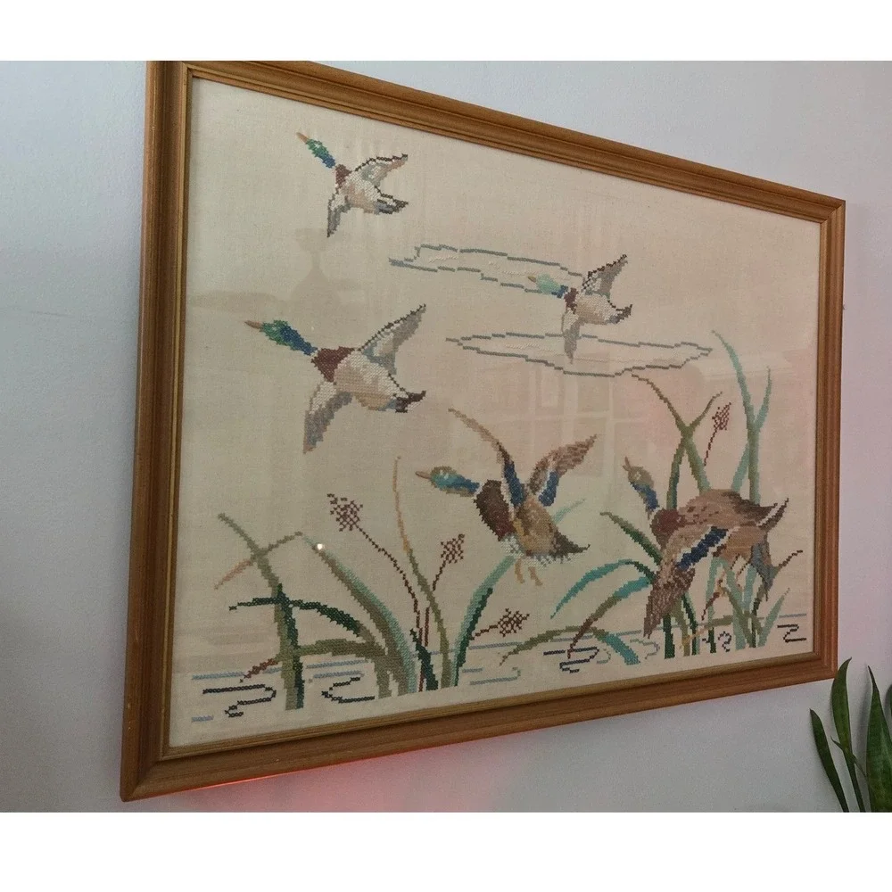 LG Vintage Framed Mallard Ducks Cross Stitch Needlepoint Wildlife Wall Art 27x38